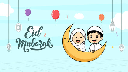 Happy Muslim boy and girl sitting on a smiling crescent moon with “Eid Mubarak” text, colorful balloons, Islamic lanterns, and bright sky background in cartoon festive style
