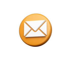 3D White envelope on a Orange circular button, symbolizing email and messaging. 3d illustration