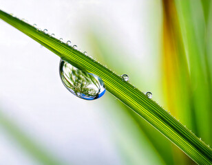 Macro shot of a dewdrop clinging to a vibrant green blade of grass, reflecting the surrounding nature. A perfect metaphor for freshness, purity, and the beauty of natures details.