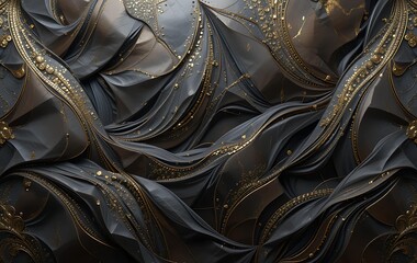 3D Render, Abstract Black And Gold Background, Liquid Waves With Golden Elements