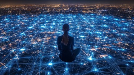 The Connected Mind: A woman in deep contemplation sits on a luminous web of interconnected lines, symbolizing the power of technology and communication, against the backdrop of a twinkling cityscape.
