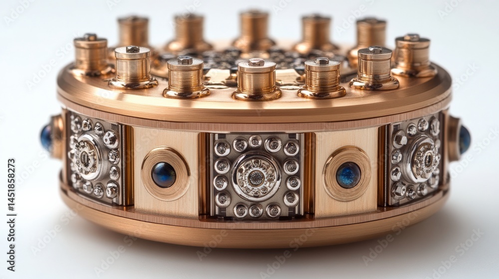 Poster close-up of an intricately designed mechanical component showcasing detailed craftsmanship and mater