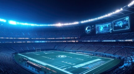 Futuristic sports stadium at night.  High-tech displays illuminate the arena