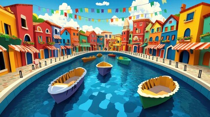 Colorful canal city, vibrant houses, boats, festive