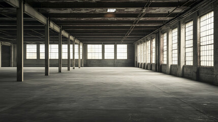 Obraz premium Empty industrial warehouse interior with pillars windows and a concrete floor.