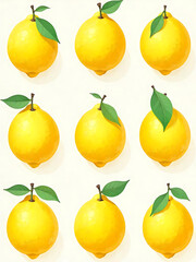 Obraz premium Vibrant arrangement of nine yellow lemons, some with green leaves, set against a neutral backdrop.