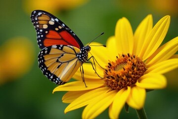 Painted lady butterfly feeding on bright yellow sunflower, pollination, colorful