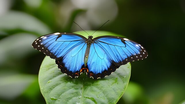 Vibrant Blue Morpho Butterfly on Green Leaf