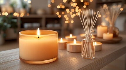 Warm candles and diffusers on a wooden table,  lit