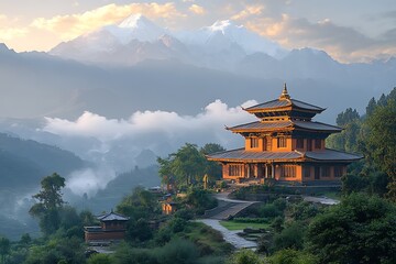 Picturesque bhutanese temple with majestic himalayan mountains in the background at sunrise © Md