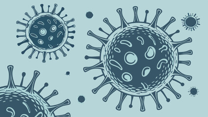 Illustration showing multiple coronavirus cells with spikes on a light blue background