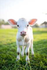 Obraz premium A small, white calf stands in a grassy field, looking directly at the camera. Soft sunlight bathes the scene