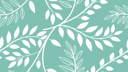 Seamless pattern of white leaves and branches on a light teal background design