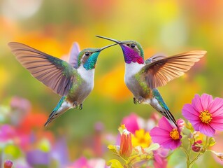 Naklejka premium Two Hummingbirds in a Floral Dance: A Symphony of Colors and Motion Amidst Blooming Flowers, Showcasing Nature's Intricate Beauty and the Joyful Interaction of Wildlife