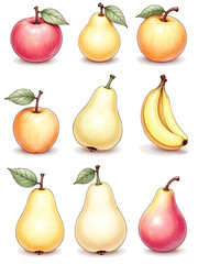 A vibrant illustration of assorted fresh fruits like apples, pears, and bananas, perfectly isolated.