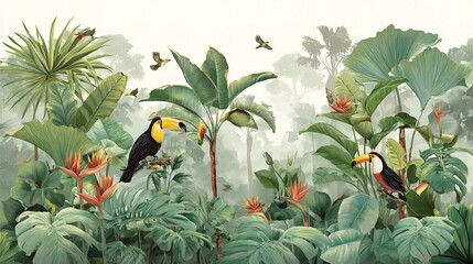Tropical Jungle Mural Featuring Birds and Lush Greenery