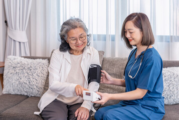 A nurse visiting  senior woman at home,taking vital signs,blood pressure,notify the result and giving advice,elderly health care,home care services