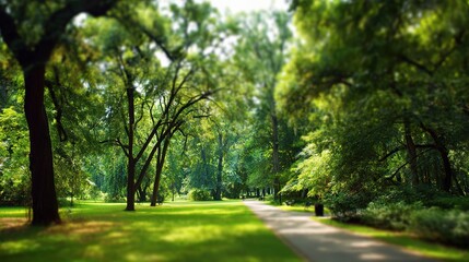 Obraz premium Blurry Green Scene in Summer Park with Trees and Walkway