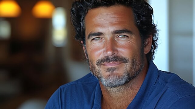 Confident Gaze: A close-up portrait of a mature man with a confident gaze, showcasing a warm smile and piercing blue eyes, adding a touch of charm and maturity to any project.
