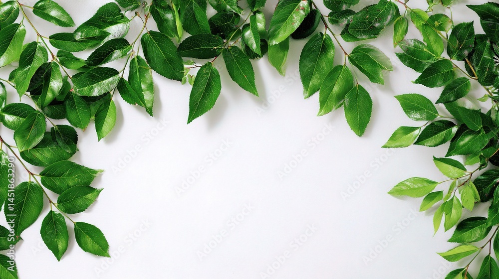 Poster green leafy branches creating natural frame border for background
