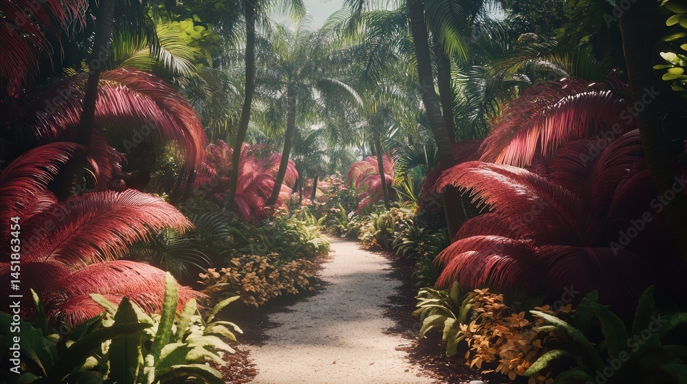 Fototapete surrounded by purplish-red ferns and palms, the space offers a lush, inviting feel and ample space t