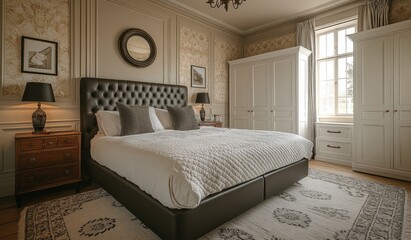 Luxurious bedroom, chateau setting, sunlit window, elegant decor, hotel room