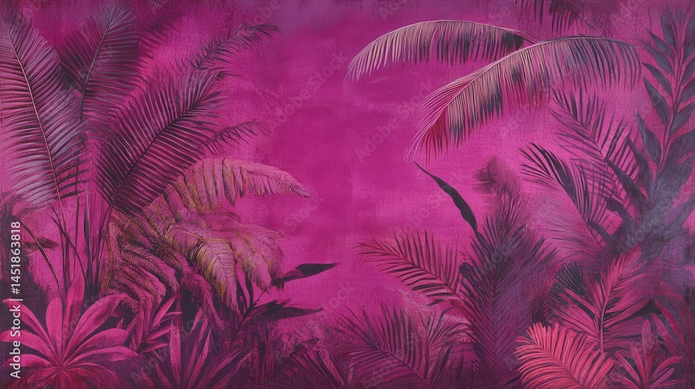 Fototapete purplish-red ferns and palms create an inviting, lush backdrop, offering ample space for text overla