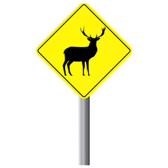 Deer silhouette wildlife crossing sign board vector illustration set.Readily editable and usable wild animal yellow sign graphic element.Beautiful and unique horned deer bright yellow caution board.