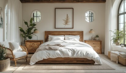 Sunlit bedroom, wooden bed, plants, arched windows, interior design