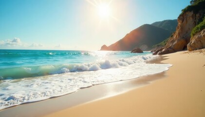 Fototapeta premium Sun-kissed sand, gentle azure waves lap shore , vacation, cloud