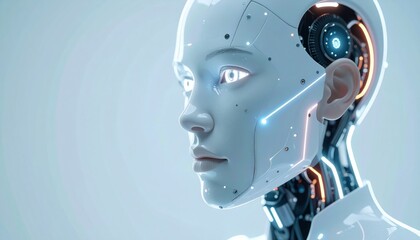 Naklejka premium Futuristic Android Portrait: A sleek, highly detailed android gazes thoughtfully into the distance, showcasing advanced technology with futuristic aesthetic.