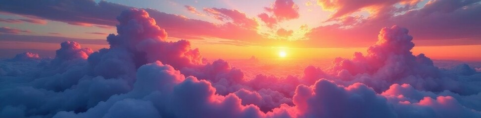 Sunset cloudscape panorama, vibrant hues, dreamy sky, peaceful, serene
