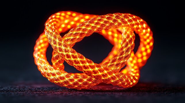 A glowing orange rope is intricately knotted, emitting bright light against a dark background.