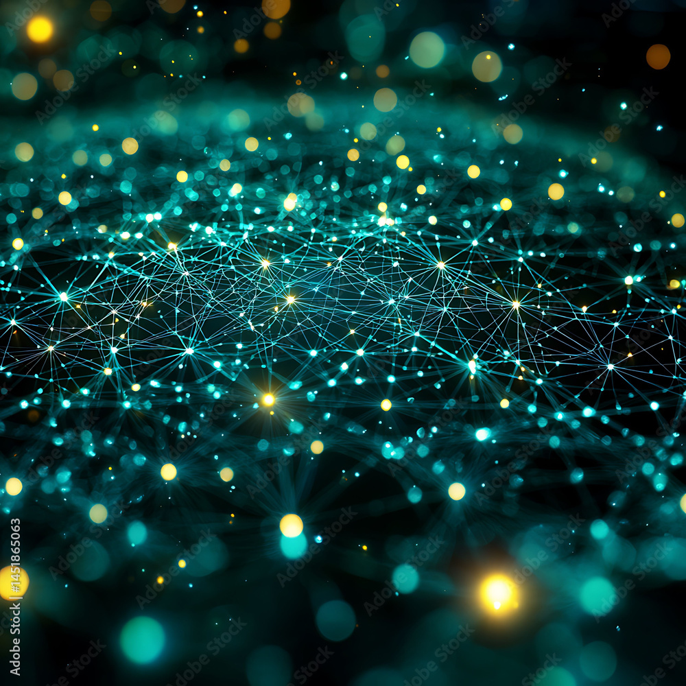Poster abstract teal network connection glowing nodes and lines form a complex web, symbolizing global comm