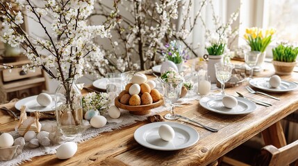 Fototapeta premium Charming Wooden Table Set for Easter with Fresh Spring Blooms