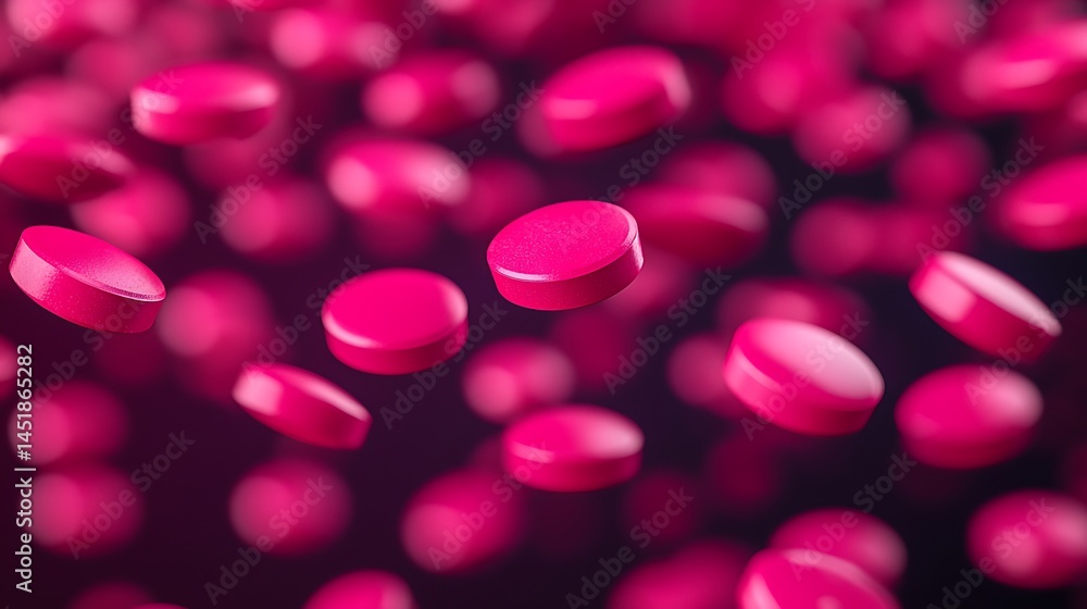 Poster numerous bright pink tablets float against a dark background, creating a dynamic and vibrant abstrac