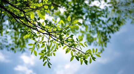 Fototapeta premium Lush Green Tree Branches Against a Bright Blue Summer Sky