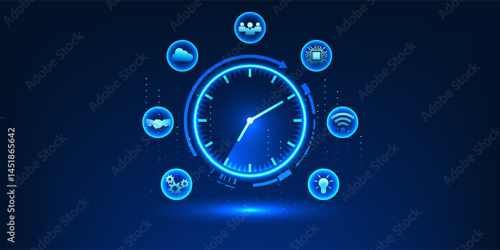 Poster time technology clock combined with the technology cycle represents the systematic allocation of tim