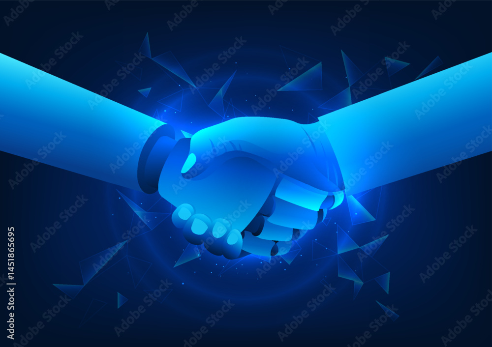 Poster businessman's hands shaking hands with robots, signifying the collaboration between humans and artif