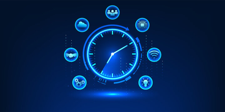 Time technology Clock combined with the technology cycle represents the systematic allocation of time within the organization, technology to increase work efficiency and drive business growth.