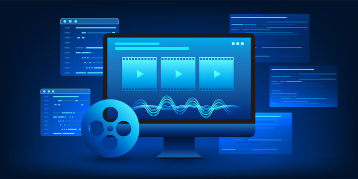 Computer screen showing the workings of AI in generating video, with program code behind it, representing the process of automatically creating videos with Generative AI, processing and creativity.