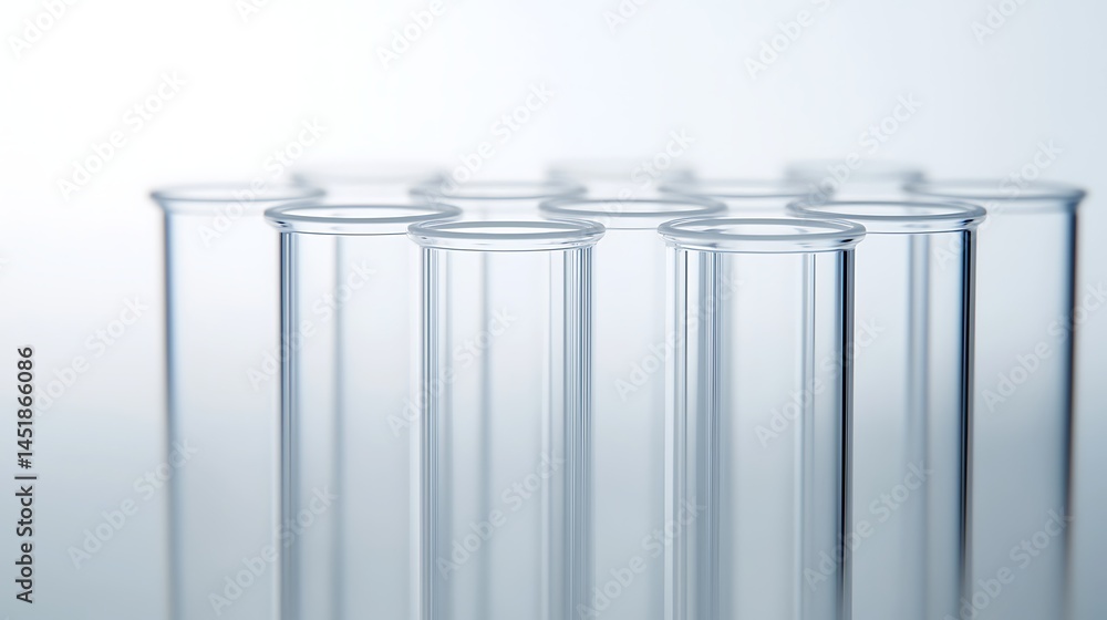 Aufkleber clear glass test tubes arranged in rows on a reflective surface in a laboratory setting.