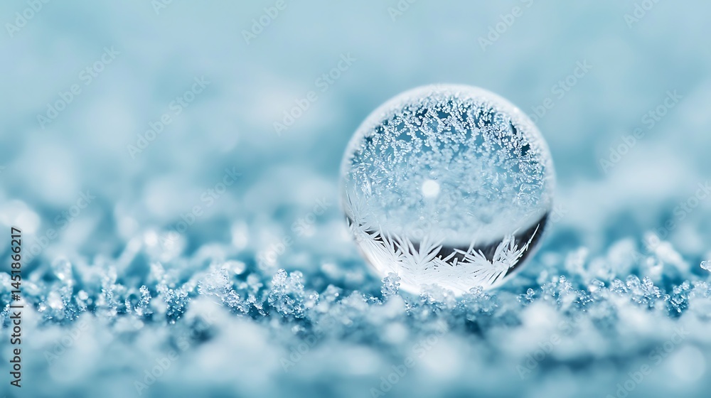 Poster a single frozen bubble sits on a sparkling bed of frost, showcasing intricate ice patterns in a cold