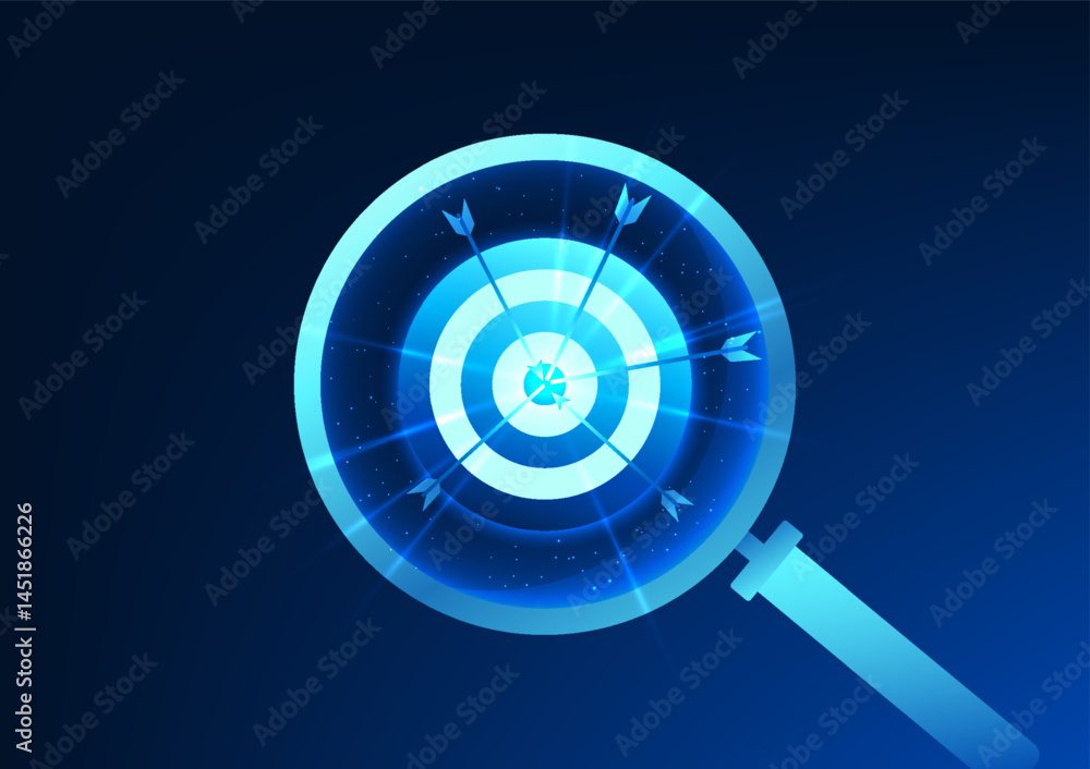 Poster magnifying glass that points at the target and the arrow that points to the center represents accura