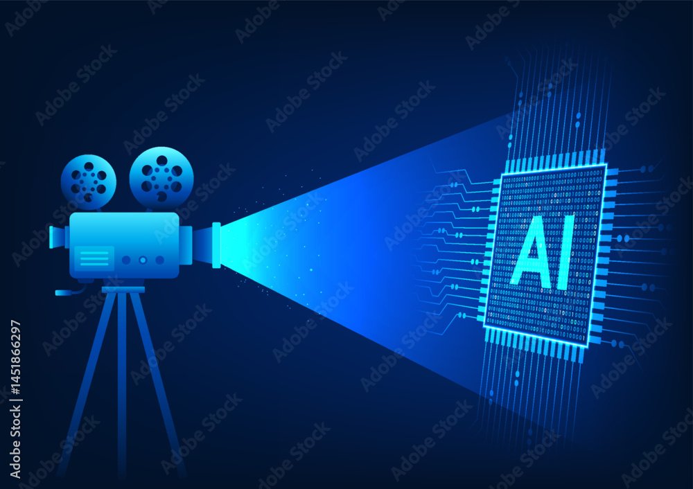 Poster movie camera recording an ai chip, representing the use of automated video creation technology, repr