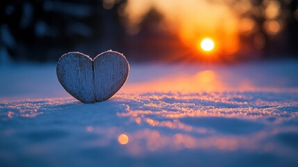 Fototapeta premium Wooden heart in snowy landscape at sunset