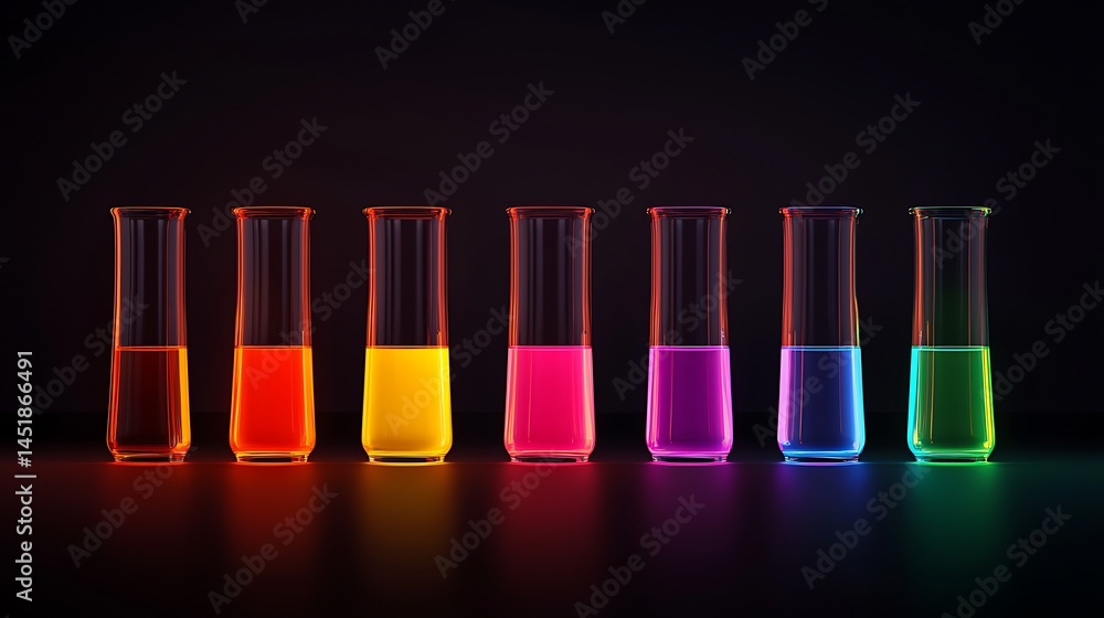 Poster seven test tubes filled with colorful glowing liquids are arranged in a row against a dark backgroun