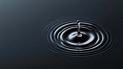 A single water droplet creates ripples on a dark, calm surface.
