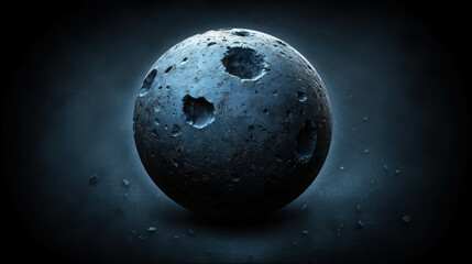 Dark and Textured Sphere with Craters on a Deep Background for Creative Uses in Design