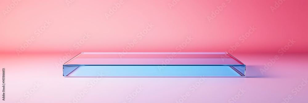 Aufkleber a transparent glass rectangular platform sits on a pink and blue gradient background, creating a mod